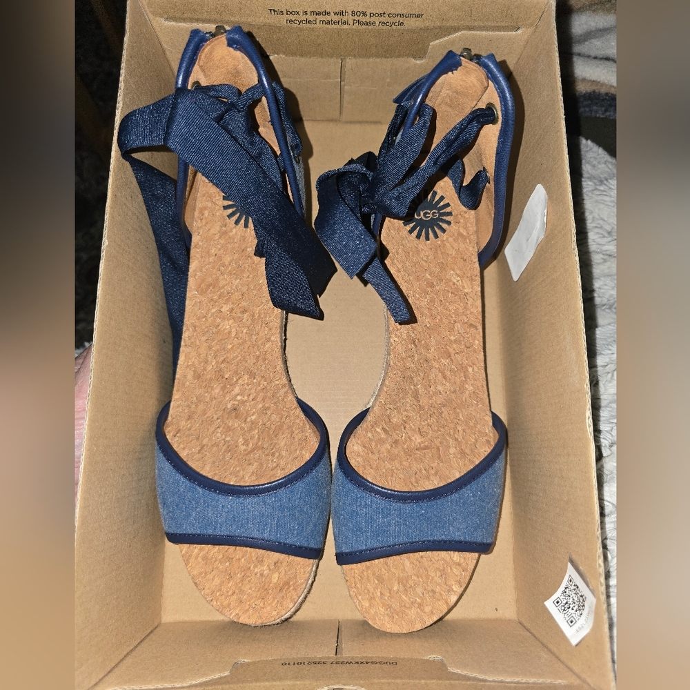NWB UGG Amell Open Toe Lace Up Denim & Jute Wedge Espadrille Size 10